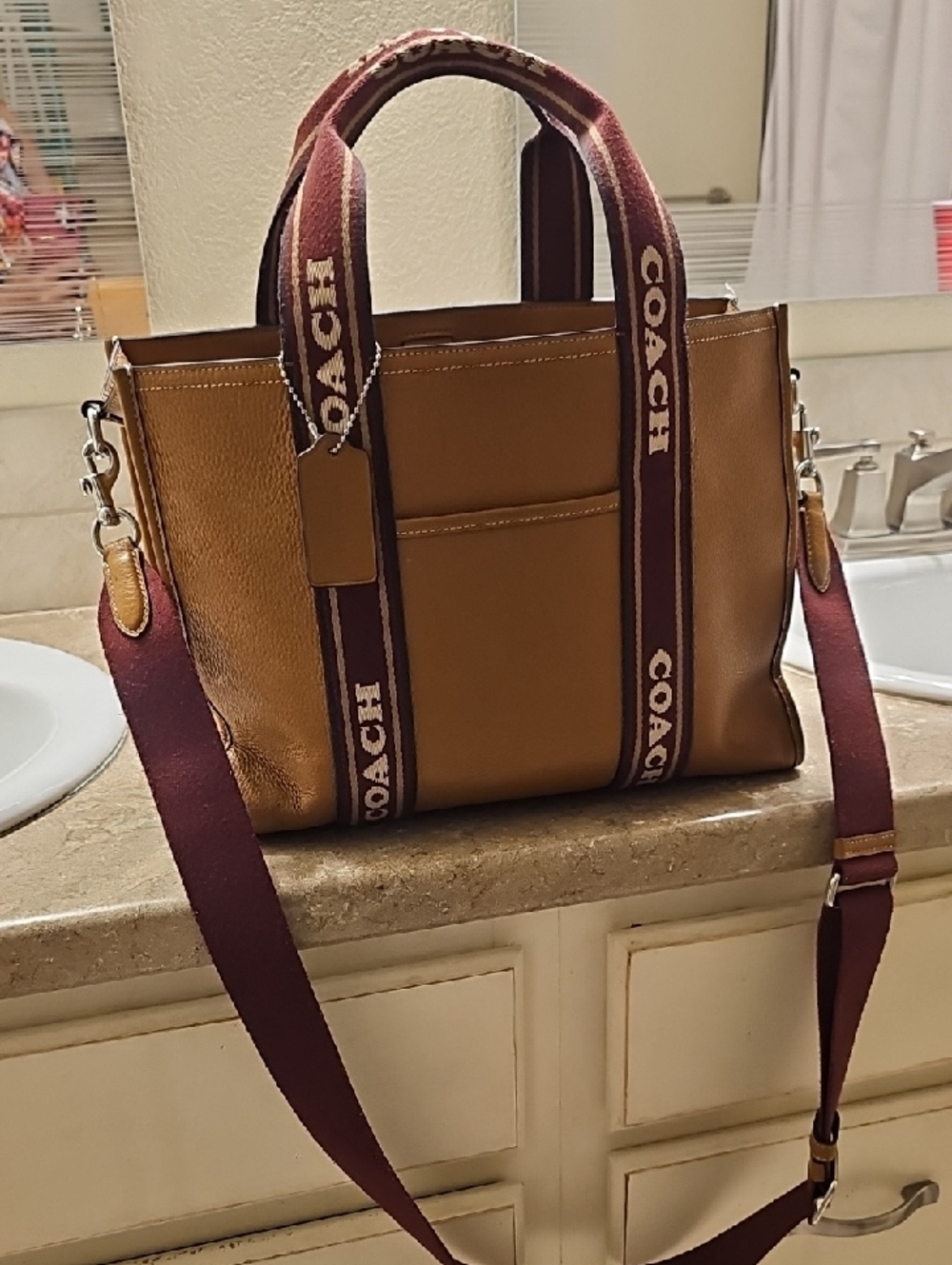 Coach Tan Leather Tote with Burgundy Logo Straps